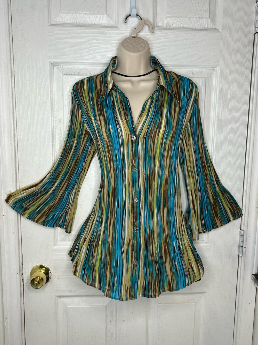 Button-Front Boho Whimsy Women's Striped Flare-Sleeve Top in Teal and Brown